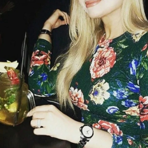 Zara Textured Green Floral Print Dress Gathered Side Size S Long Sleeve Bodycon - Picture 13 of 16